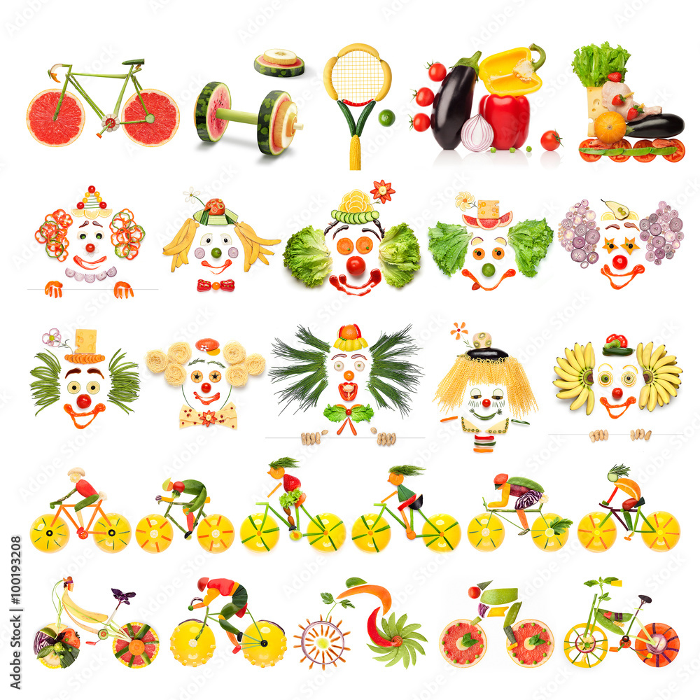 Yummy set / Creative menu set of food concepts with clowns, sports equipment and cyclists made of vegetables and fruits, isolated on white.