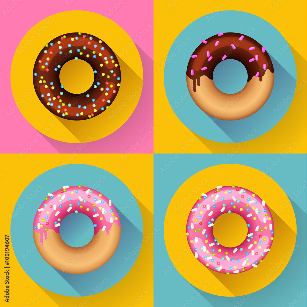 Icon Set Cute sweet colorful chocolate donuts. Flat designed style. Icon Set Cute sweet colorful chocolate donuts. Flat designed style.