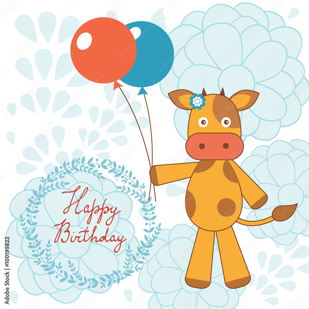 Naklejka premium Happy birthday card with happy cow holding balloons