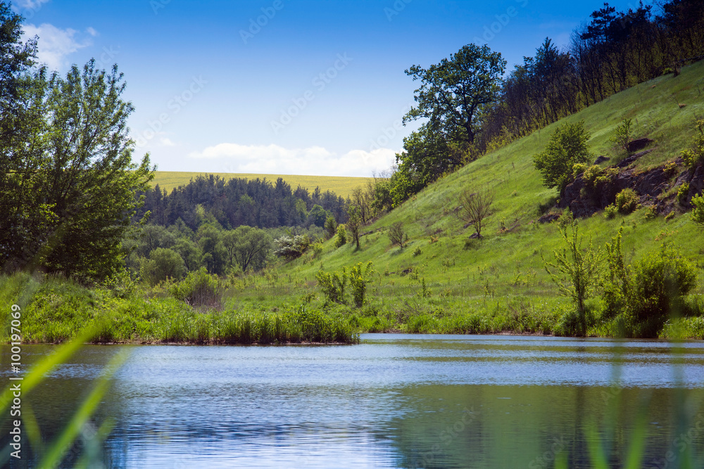 landscape of a river, green grassy hills with trees landscape of a river, green grassy hills with trees