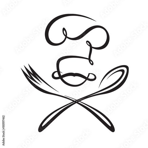 black illustration of spoon, fork and chef