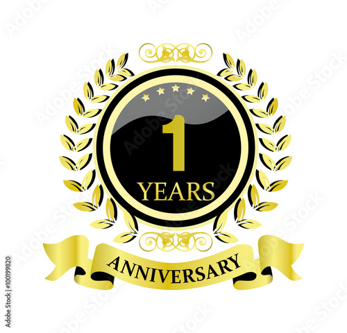 1 anniversary with glossy golden wreath and ribbon 