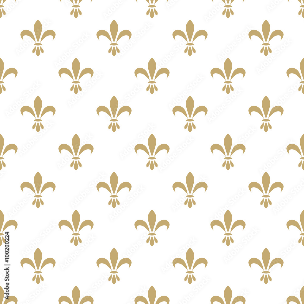 Fleur de lis seamless vector pattern. French vintage stylized lily flower luxury royal symbol. Monarchy gold on white iris sign. - obrazy, fototapety, plakaty 