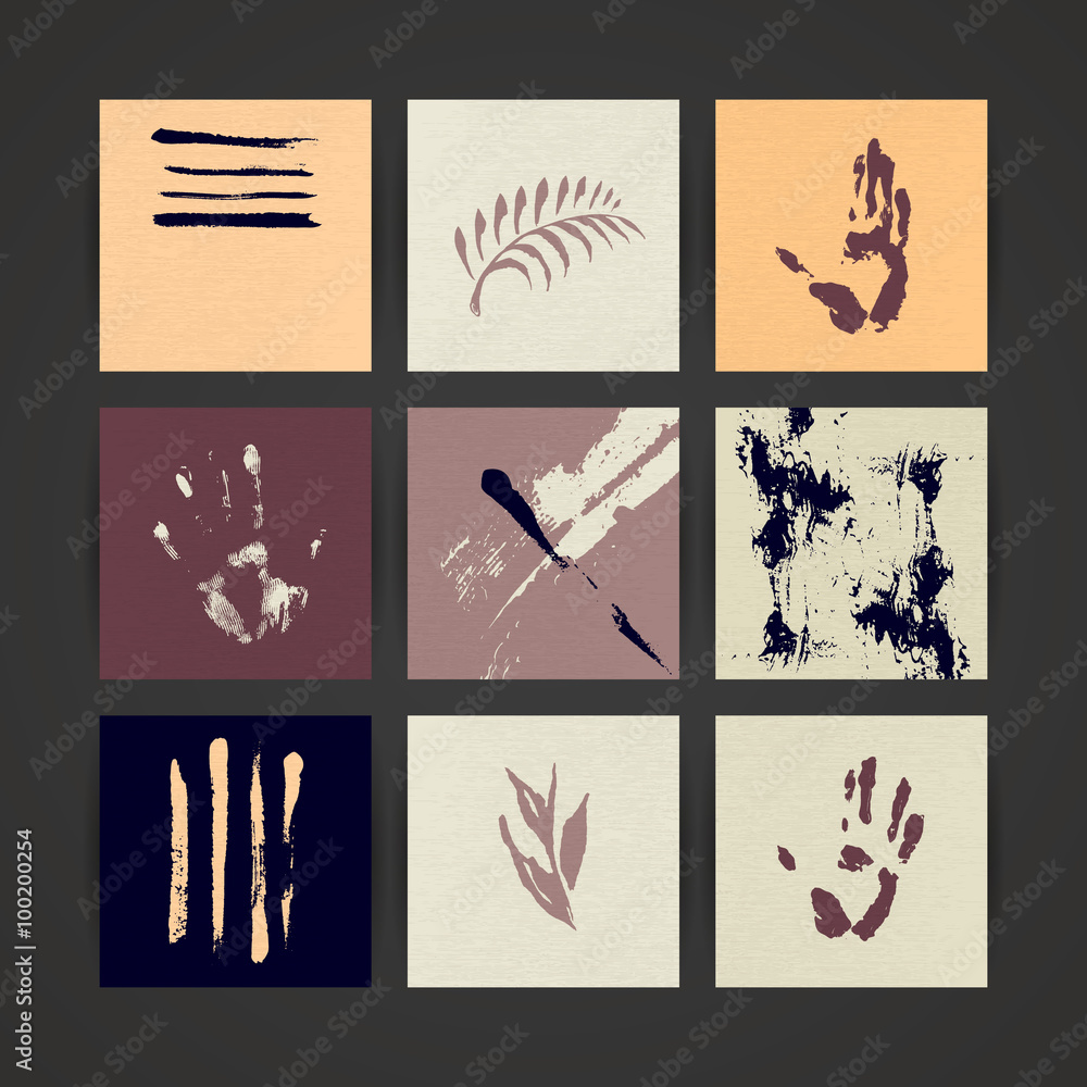 Set of Nine Creative Paper Cards. Hand Drawn Ink Textures. Vector.