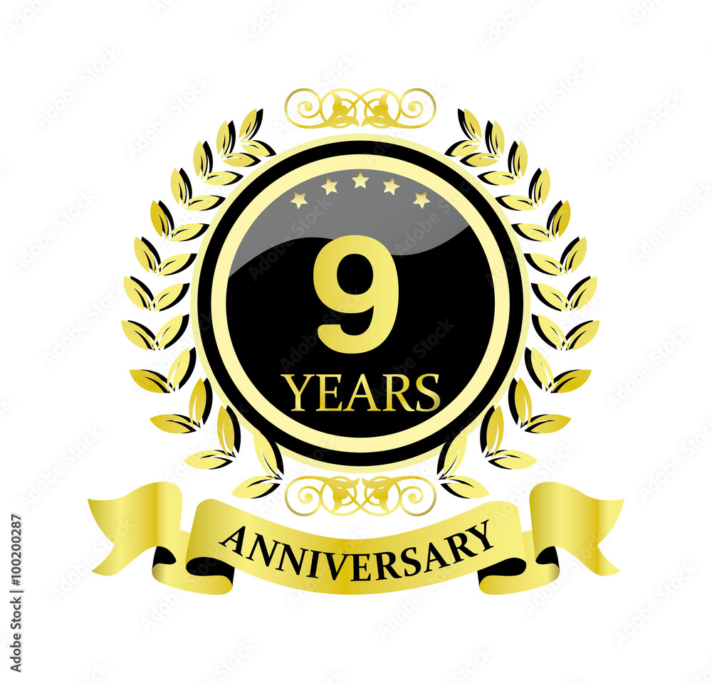 9 anniversary with glossy golden wreath and ribbon 
