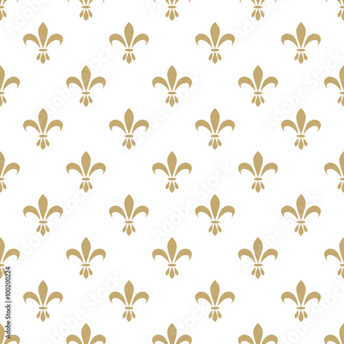 Fleur de lis seamless vector pattern. French vintage stylized lily flower luxury royal symbol. Monarchy gold on white iris sign.