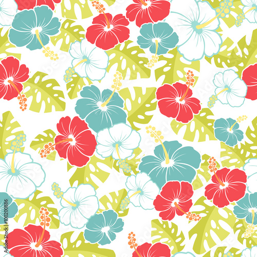 Hawaiian Seamless  Pattern with hibiscus flowers