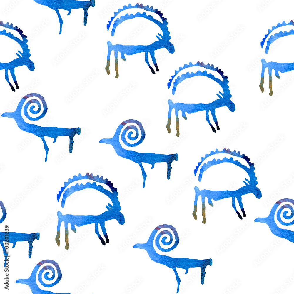 eamless pattern with petroglyph goats and rams. Isolated on a white