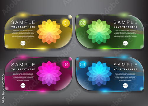Abstract vector banner set. Use for business, shopping concept. 4 parts concept. Colorful and glossy on black panel. Vector illustration. Eps10.