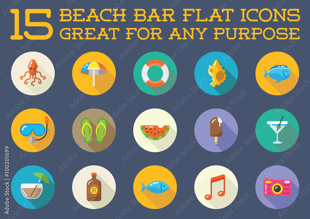 Fototapeta premium Set of Vector Beach Sea Bar Flat Icons Elements and Summer can be used as Logo or Icon in premium quality
