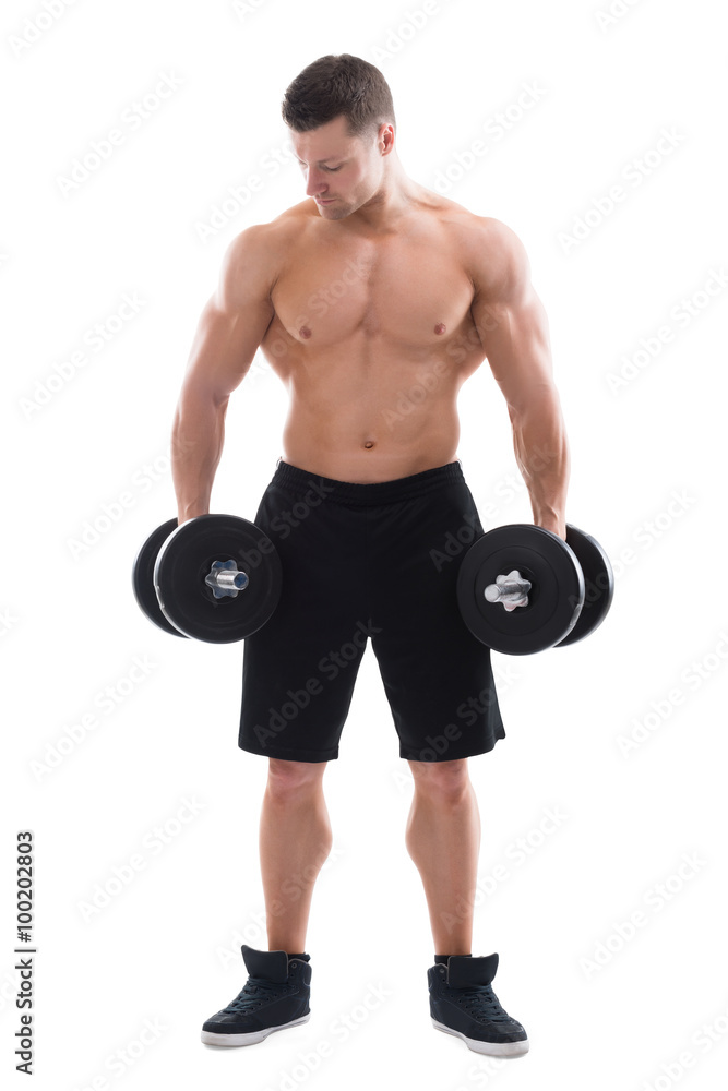 Full Length Of Muscular Man Holding Dumbbells