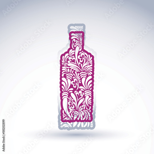Stylized bottle decorated with ethnic flower pattern. Alcohol 