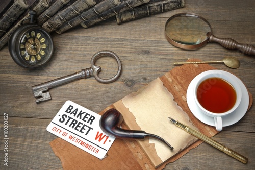 Sherlock Holmes Concept. Private Detective Tools On The Wood Tab