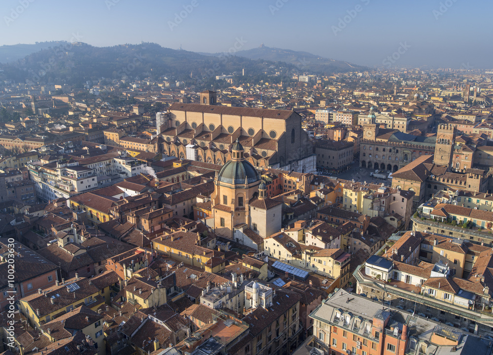 View to church with cathedral and main square in Bologna in Italy