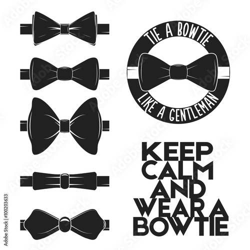 Illustration set of bow tie in vector on white background. Bow-tie logo, label, icon for projects, cards, invitations. Gentleman illustration with bowtie quote.