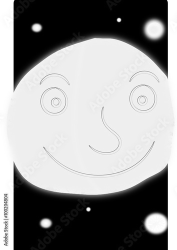 La luna simpática en el firmamento negro plagado de estrellas luminosas