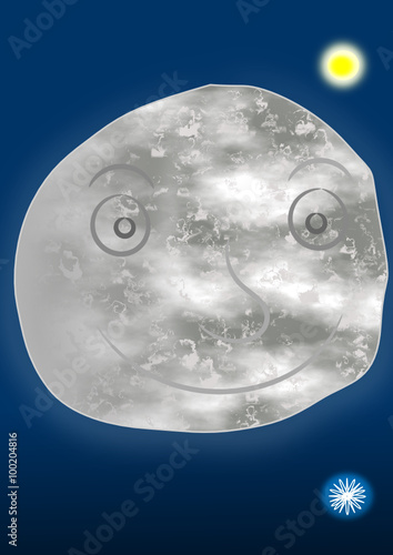 La luna en el firmamento con dos estrellas, azul y amarilla.