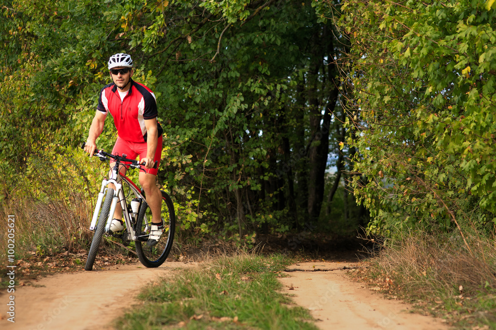 Man is cycling in autumn forest