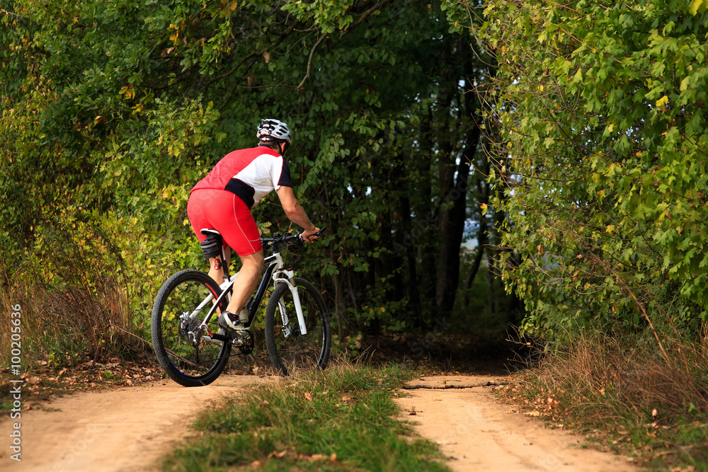 Man is cycling in autumn forest Man is cycling in autumn forest