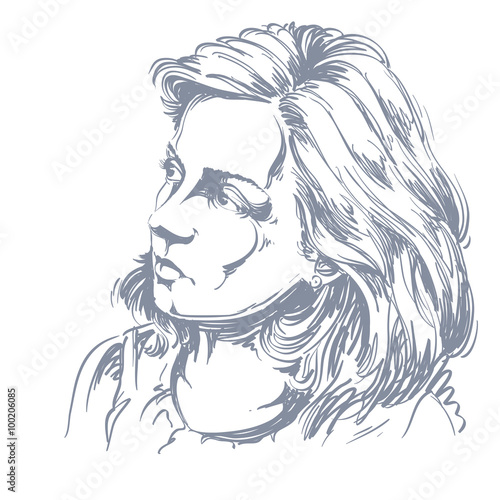 Vector drawing of peaceful woman with stylish haircut. Black and