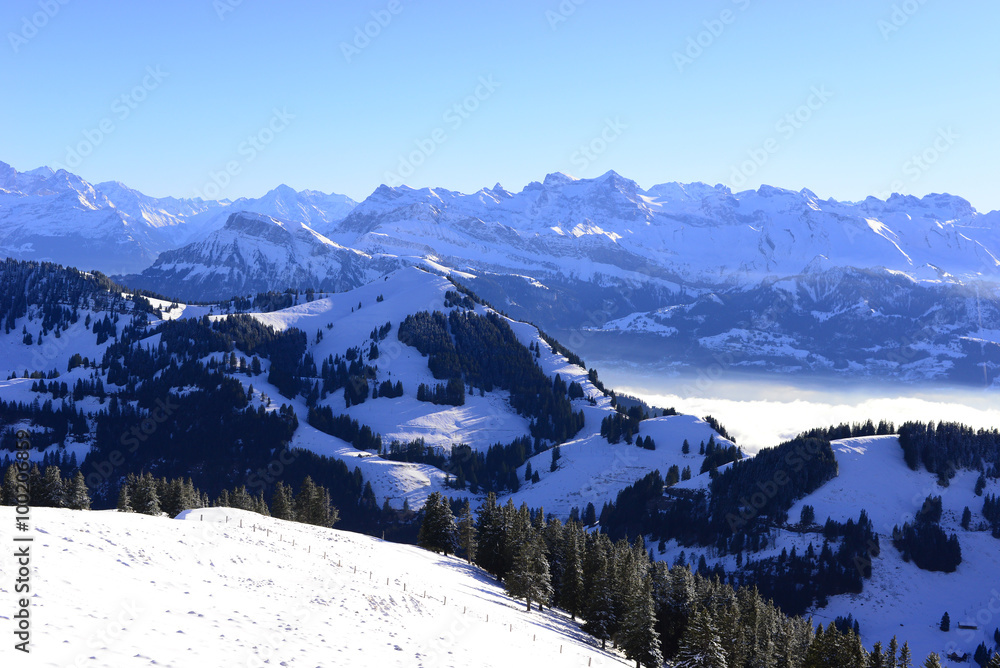 View of the sea of clouds from the Rigi Kulm in winter, Lucerne,