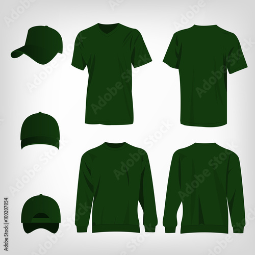 Sport green t-shirt, sweater and baseball cap isolated set vector