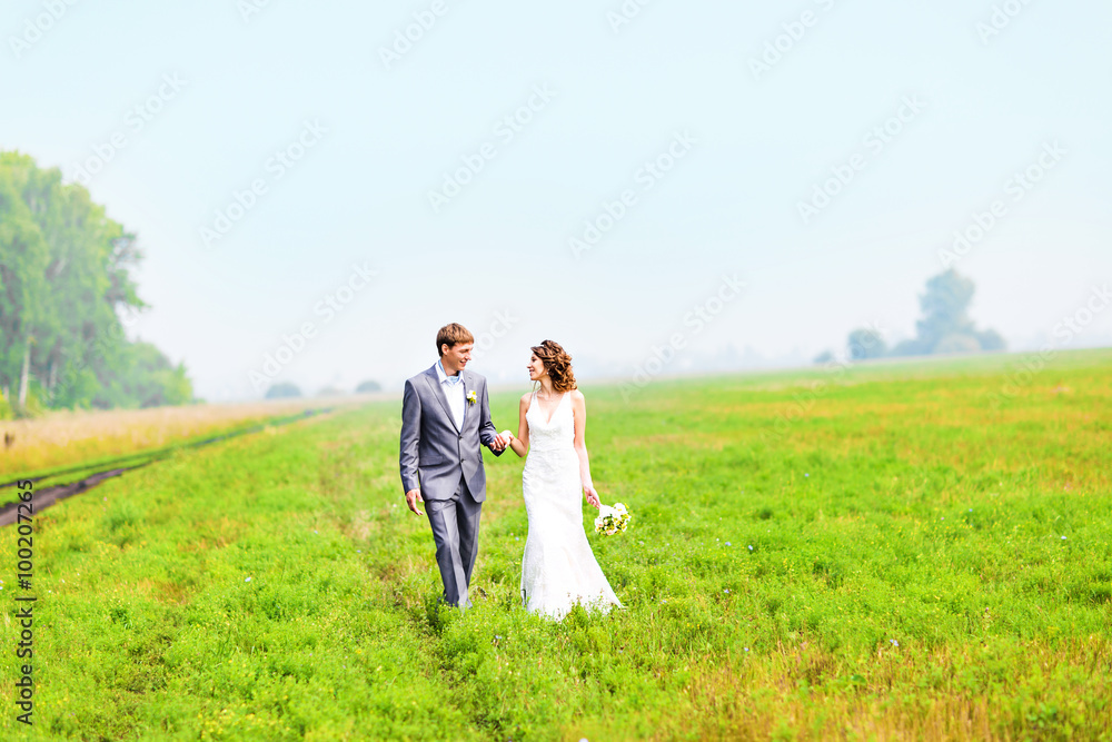 young wedding couple, beautiful bride with groom portrait, summer nature outdoor young wedding couple, beautiful bride with groom portrait, summer nature outdoor