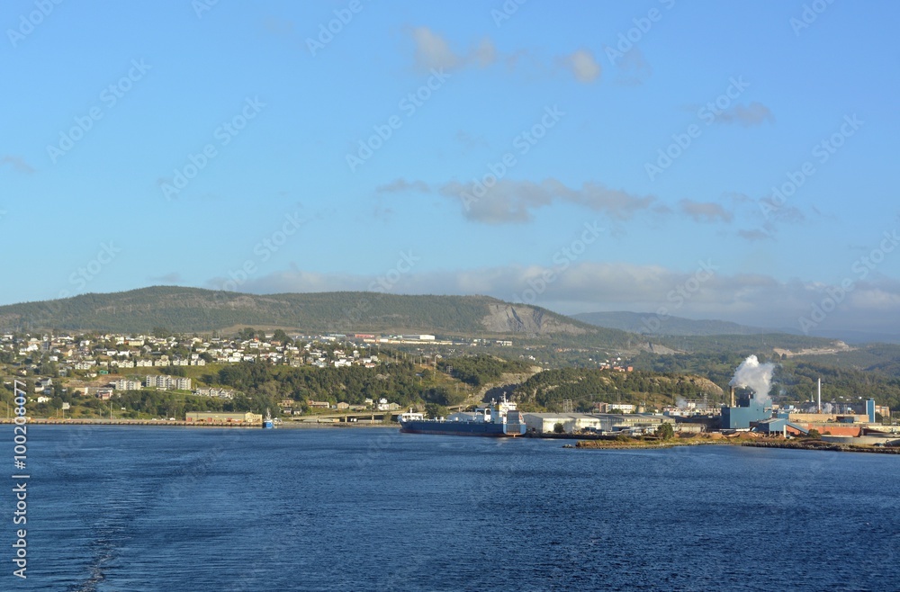 View from the ocean towards the western shoreline of Corner Brook, Newfoundland, Canada