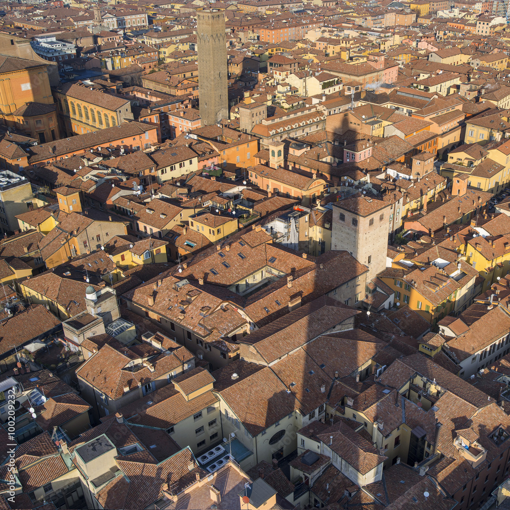 aerial view to red roofs and shadow of tower in Bologna in Italy
