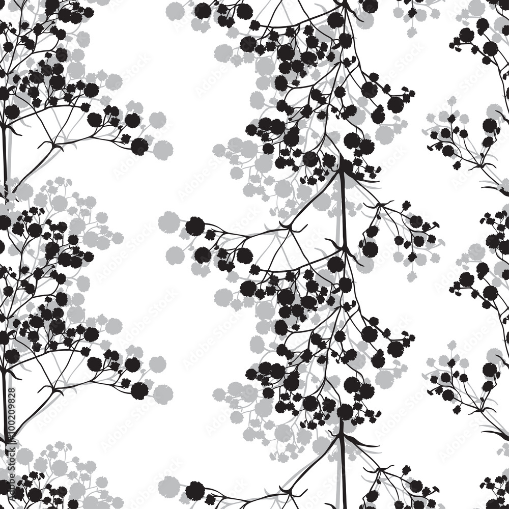 Naklejka premium Seamless background with branches of beautiful hand-drawn silhouette gypsophila