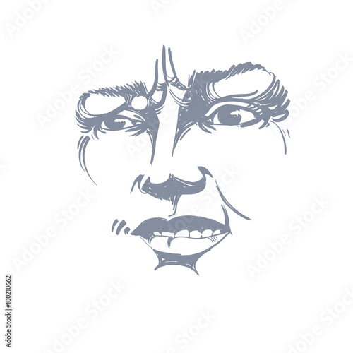 Vector drawing of distrustful woman, face features. Black and wh