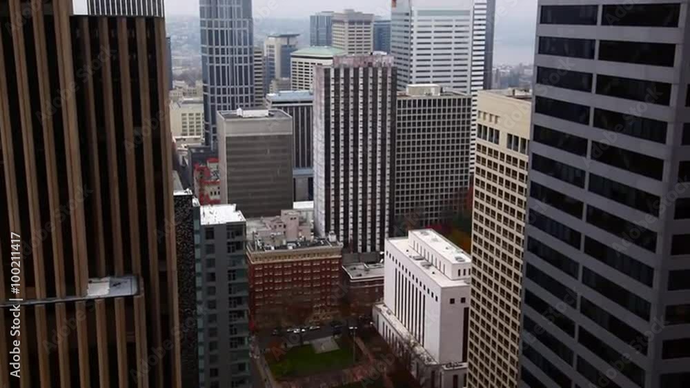 Downward panning view of downtown Seattle. Downward panning view of downtown Seattle.