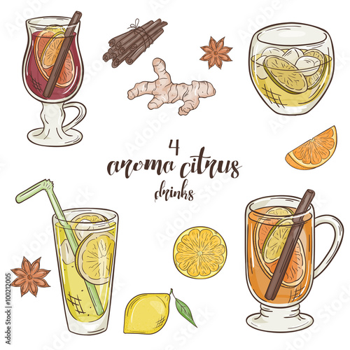 vector printable illustration with set of isolated cup of citrus drinks. Contains mulled wine, punch, lemonade and grog