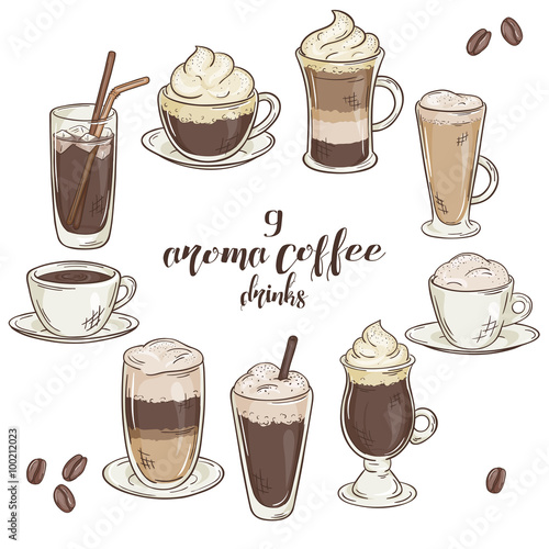 vector printable illustration with set of isolated cup of coffee drinks. Contains coffee, latte, mocha, cappuccino and others