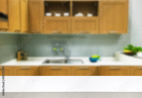white wooden table with kitchen interior background