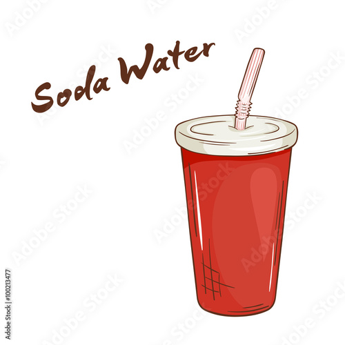 vector illustration of an isolated cartoon hand drawn fast food. Soda water in closed paper cup with a straw.