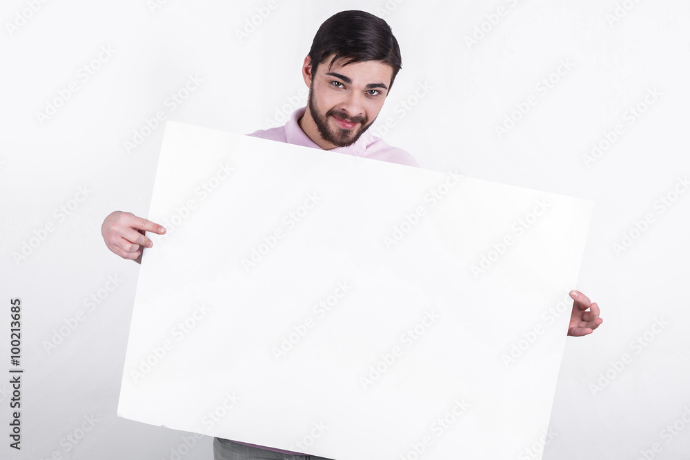 Happy caucasian man presents message to people Happy caucasian man presents message to people
