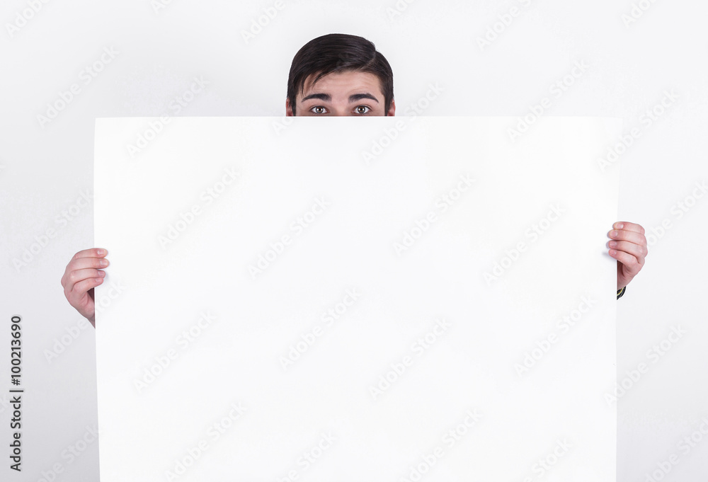 Happy caucasian man presents message to people Happy caucasian man presents message to people
