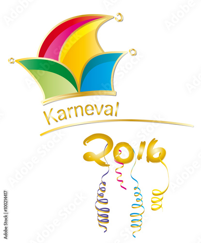 Karneval - Narrenkappe mit bunten Zipfeln und goldenem Schriftzug, Narrenzeit, Fasching