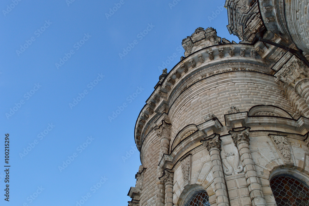 Beautiful Catholic church against a bright blue sky