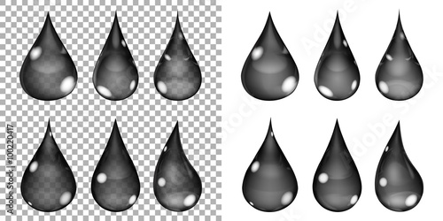 Set of transparent and opaque drops in black colors. Transparency only in vector format. Can be used with any background.