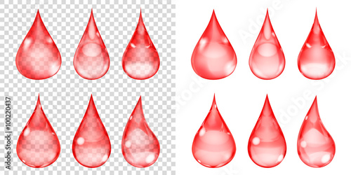 Set of transparent and opaque drops in red colors. Transparency only in vector format. Can be used with any background