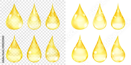 Set of transparent and opaque drops in yellow colors. Transparency only in vector format. Can be used with any background