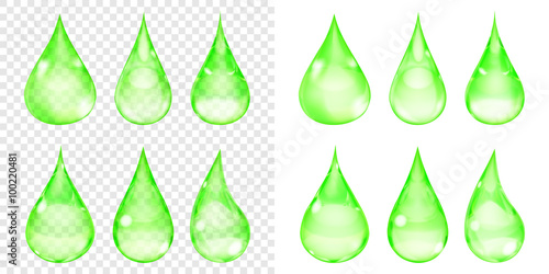 Set of transparent and opaque drops in green colors. Transparency only in vector format. Can be used with any background