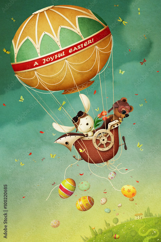 Obraz premium Wielkanocny kartka z pozdrowieniami z balonem, jajkami, królikiem i niedźwiedziem.