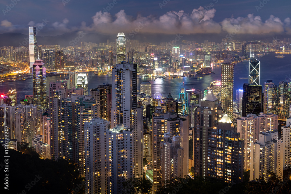 Hong Kong's skyline viewed from the Victoria Peak in the evening.