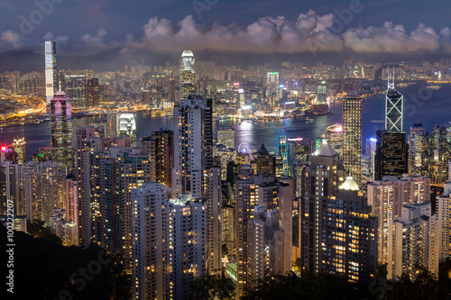 Hong Kong's skyline viewed from the Victoria Peak in the evening.