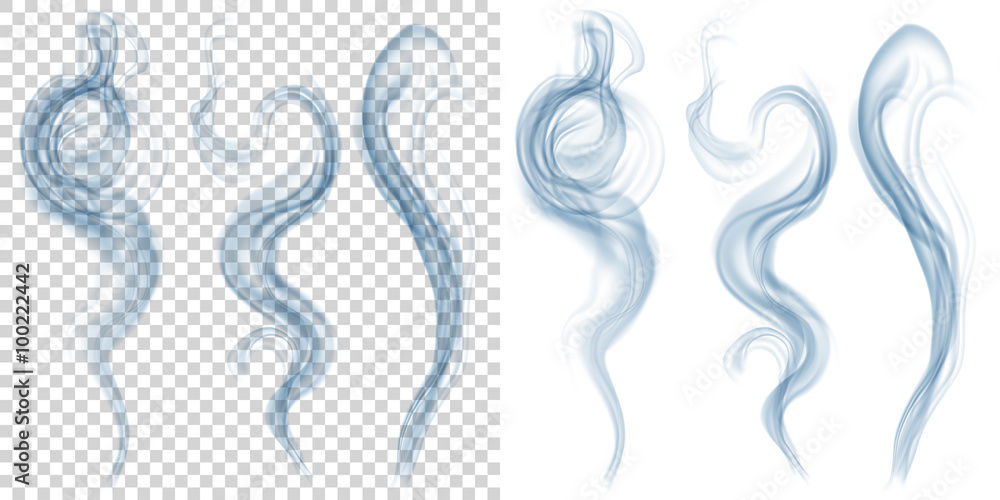Set of translucent light blue smoke on transparent and white background. Transparency only in vector format