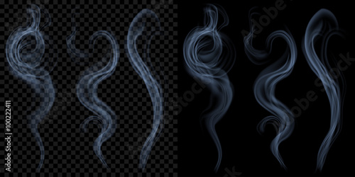 Set of translucent light blue smoke on transparent and black background. Transparency only in vector format