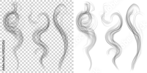 Set of translucent gray smoke on transparent and white background. Transparency only in vector format